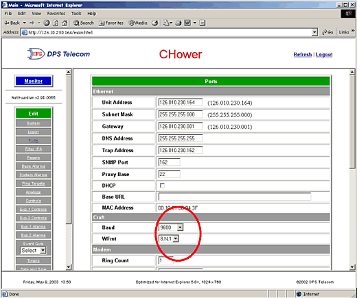  Use the drop down box to change the baud rate of the Craft port 