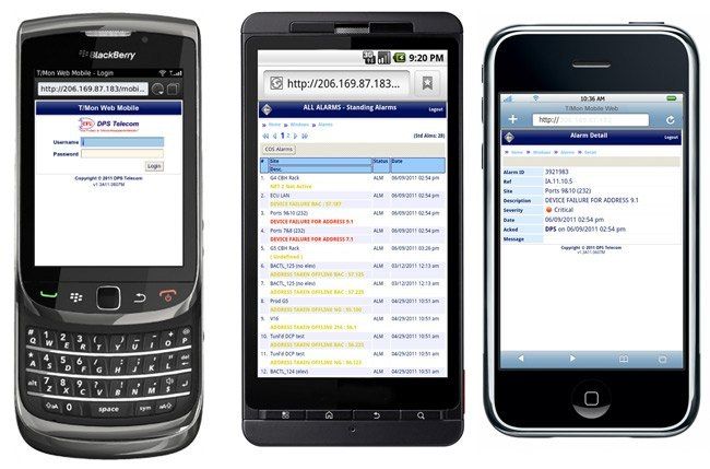 T/Mon's mobile web application on a BlackBerry(R) Torch, Motorola Droid(R), and iPhone(R) 3
